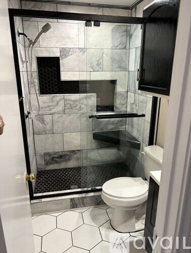 A bathroom with a walk in shower and a toilet.