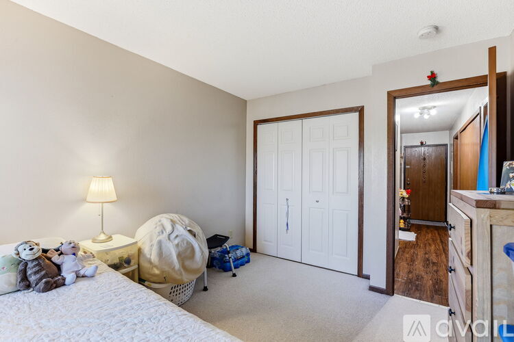 A bedroom with a bed, a dresser, and a mirror.