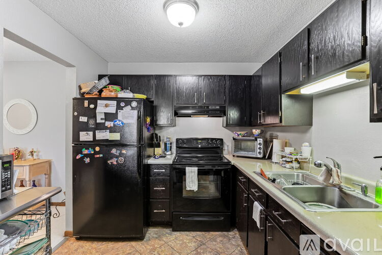 A kitchen with black cabinets and a black fridge.