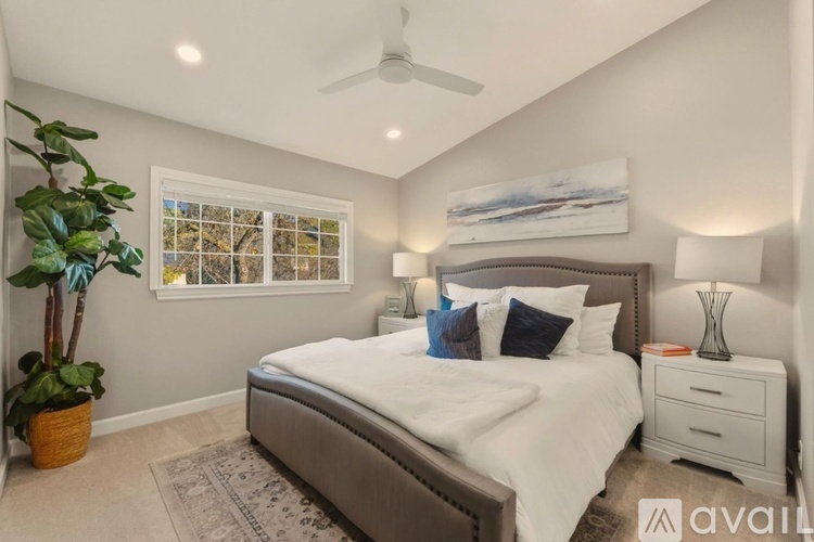 A bedroom with a large bed, a ceiling fan, and a potted plant.