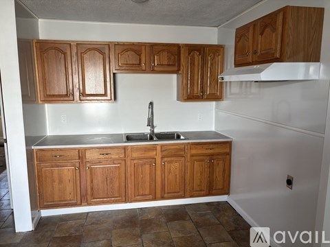 A kitchen with wooden cabinets and a sink.
