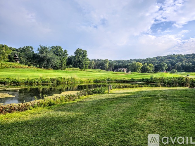 A lush green landscape with a pond and trees in the distance.