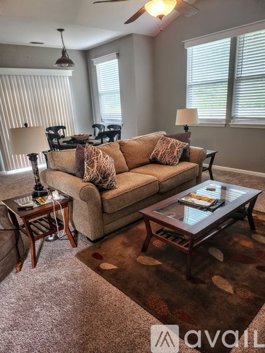 A living room with a couch, a coffee table, and a rug.