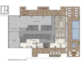 A floor plan of a resort with a swimming pool.
