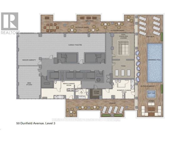 A floor plan of a resort with a swimming pool.