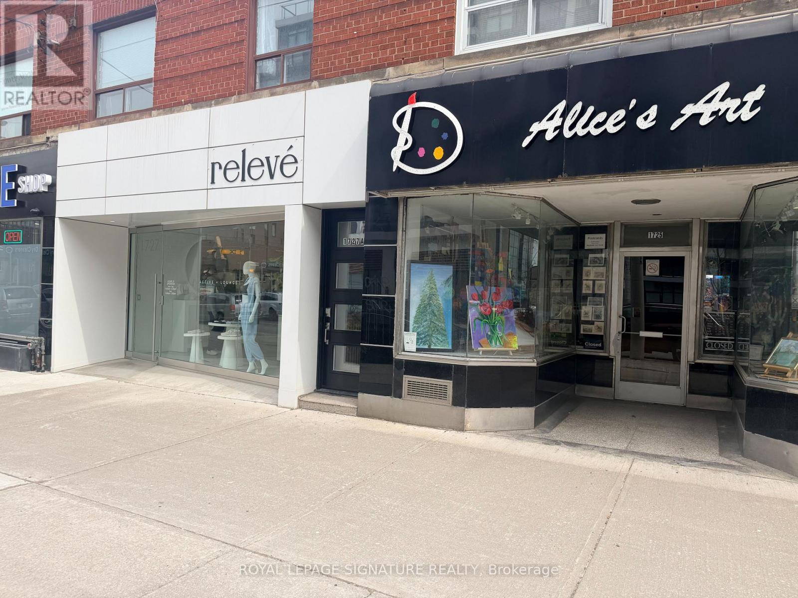 A street view of a building with a storefront named "releve" and "Allee's Art".