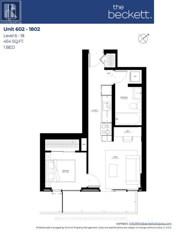 A floor plan for a 1 bedroom apartment at The Beckett.
