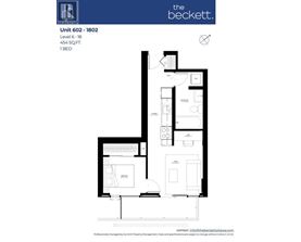 A floor plan for a 1 bedroom apartment at The Beckett.