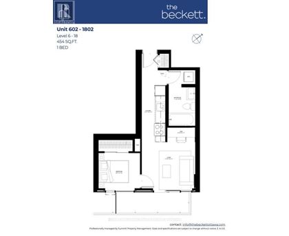 A floor plan for a 1 bedroom apartment at The Beckett.