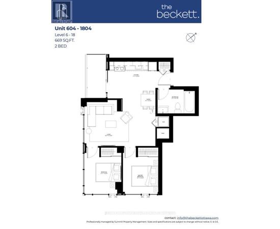 A floor plan for a 2 bedroom apartment at The Beckett.