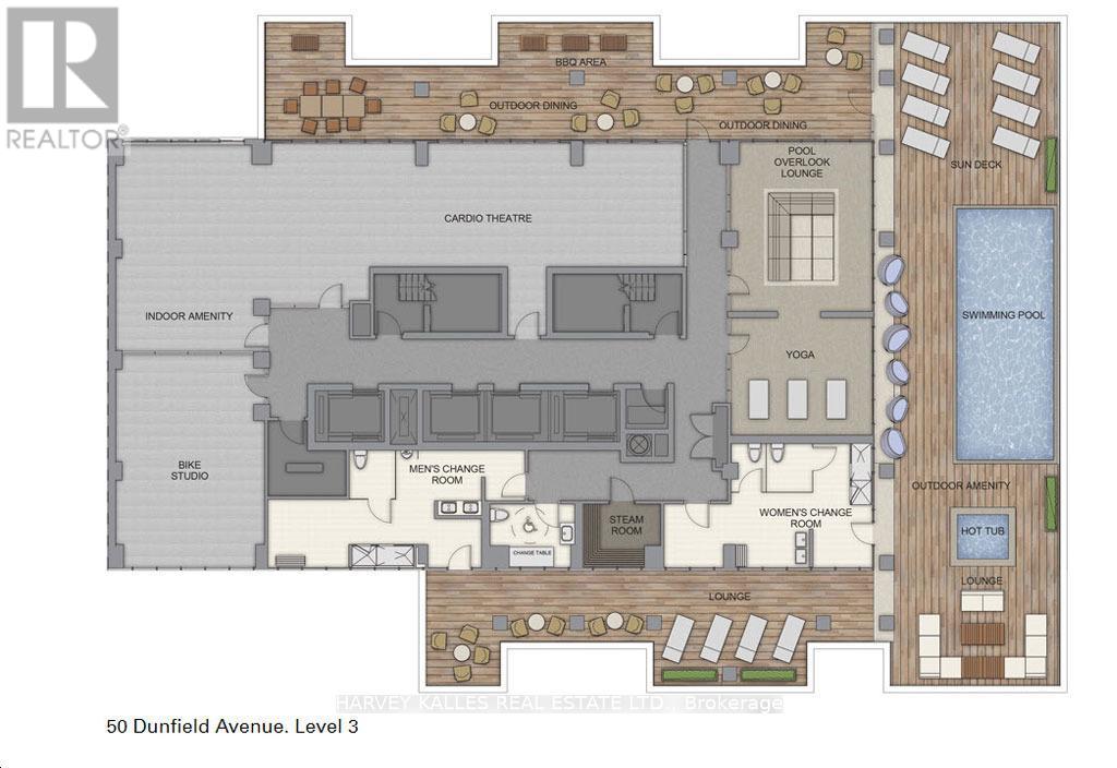 A floor plan of a resort with a swimming pool.
