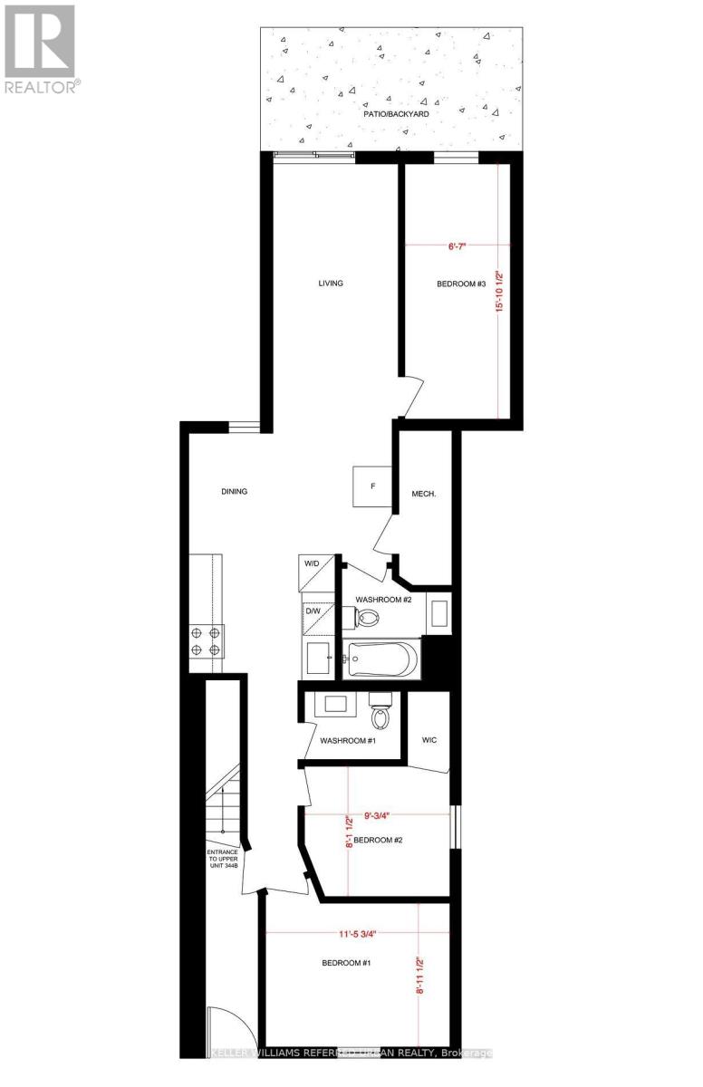 A floor plan of an apartment with a living room, bedrooms, and bathrooms.