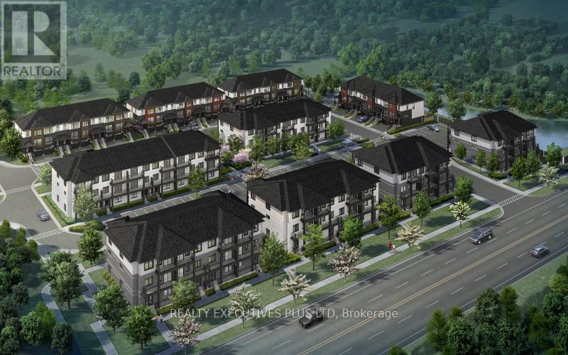 A rendering of a real estate development with multiple buildings and a road in front.