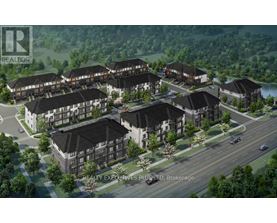 A rendering of a real estate development with multiple buildings and a road in front.