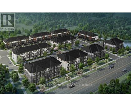 A rendering of a real estate development with multiple buildings and a road in front.
