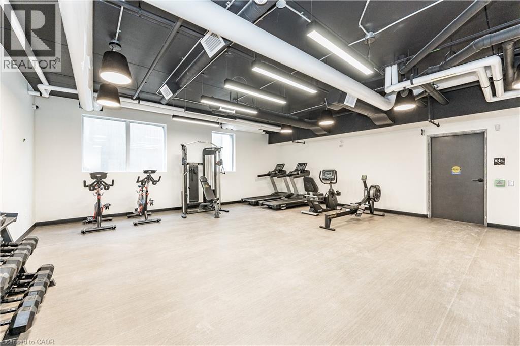 A gym with a variety of equipment including treadmills, weights, and exercise machines.
