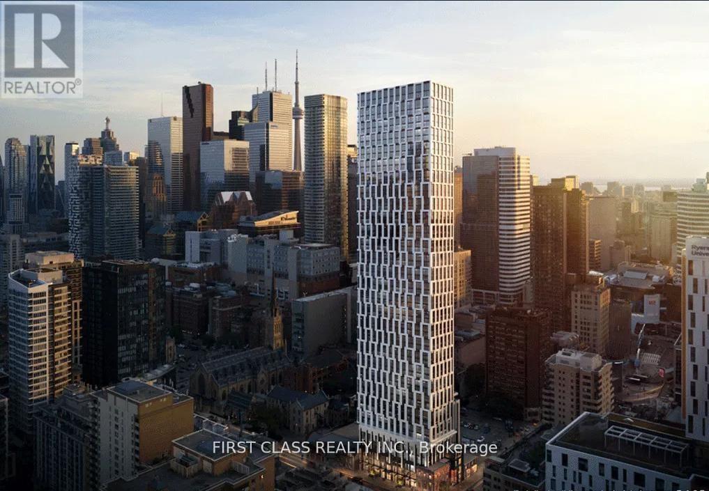 A cityscape with a tall building in the foreground and the text "FIRST CLASS REALTY INC. Brokerage" overlaid on the image.