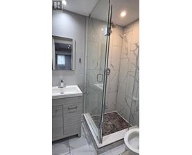 A bathroom with a walk-in shower and a toilet.
