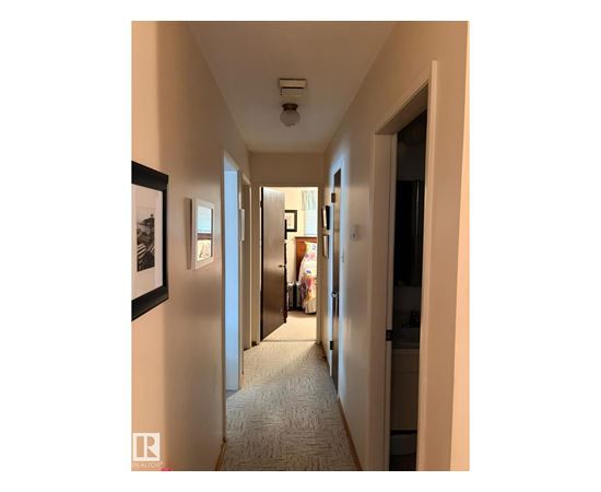 A hallway with a carpeted floor and framed pictures on the wall.