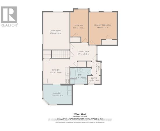 A floor plan for a home with a living room, two bedrooms, a kitchen, a dining area, and a laundry room.