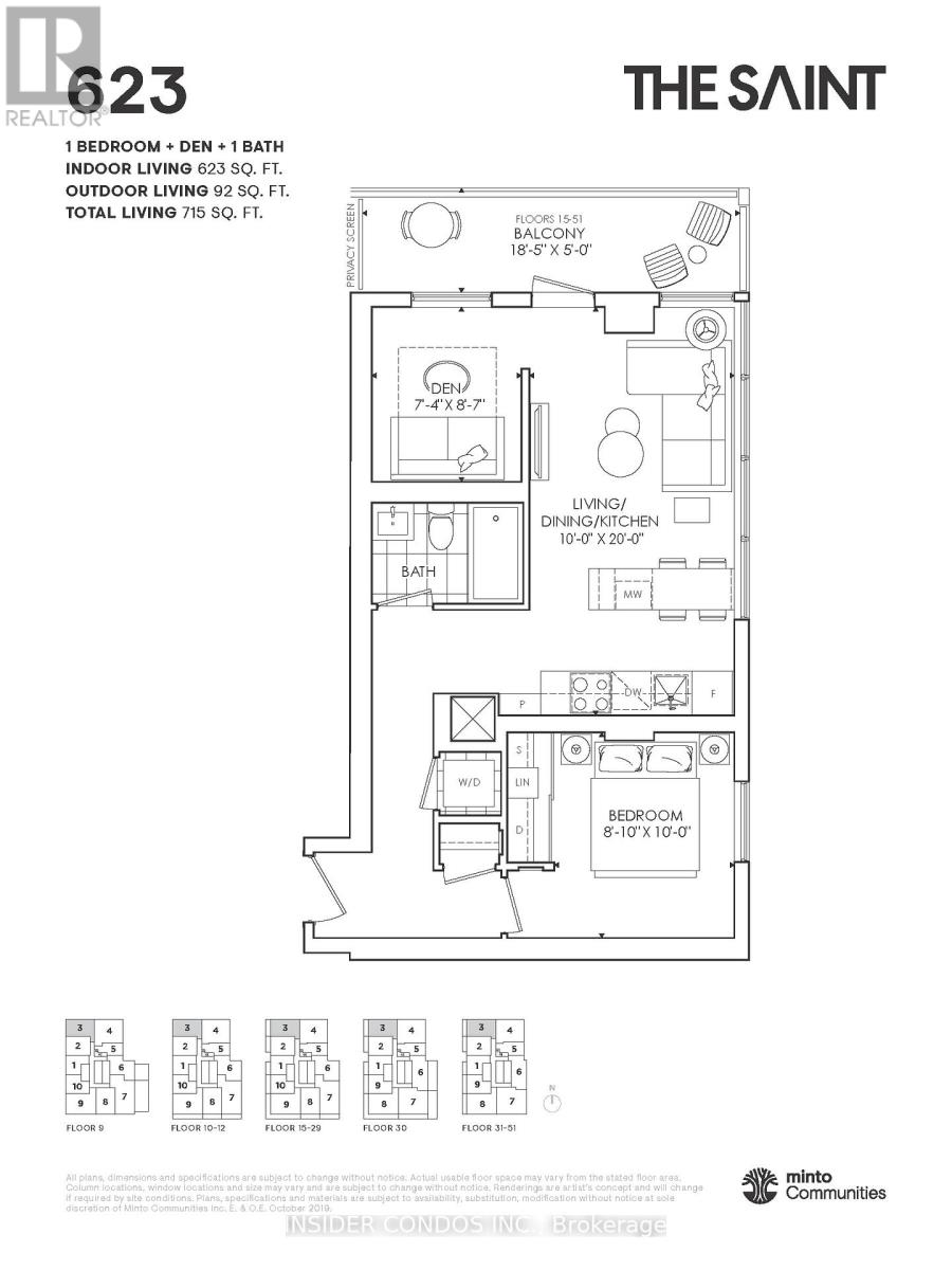 A floor plan for a 1 bedroom, 1 den, 1 bath apartment with a living room and balcony.