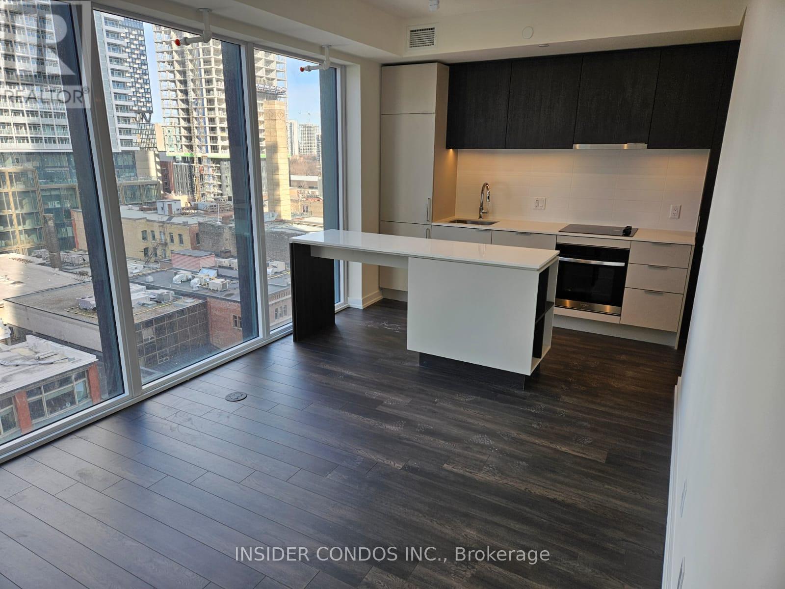 A kitchen with a view of the city.