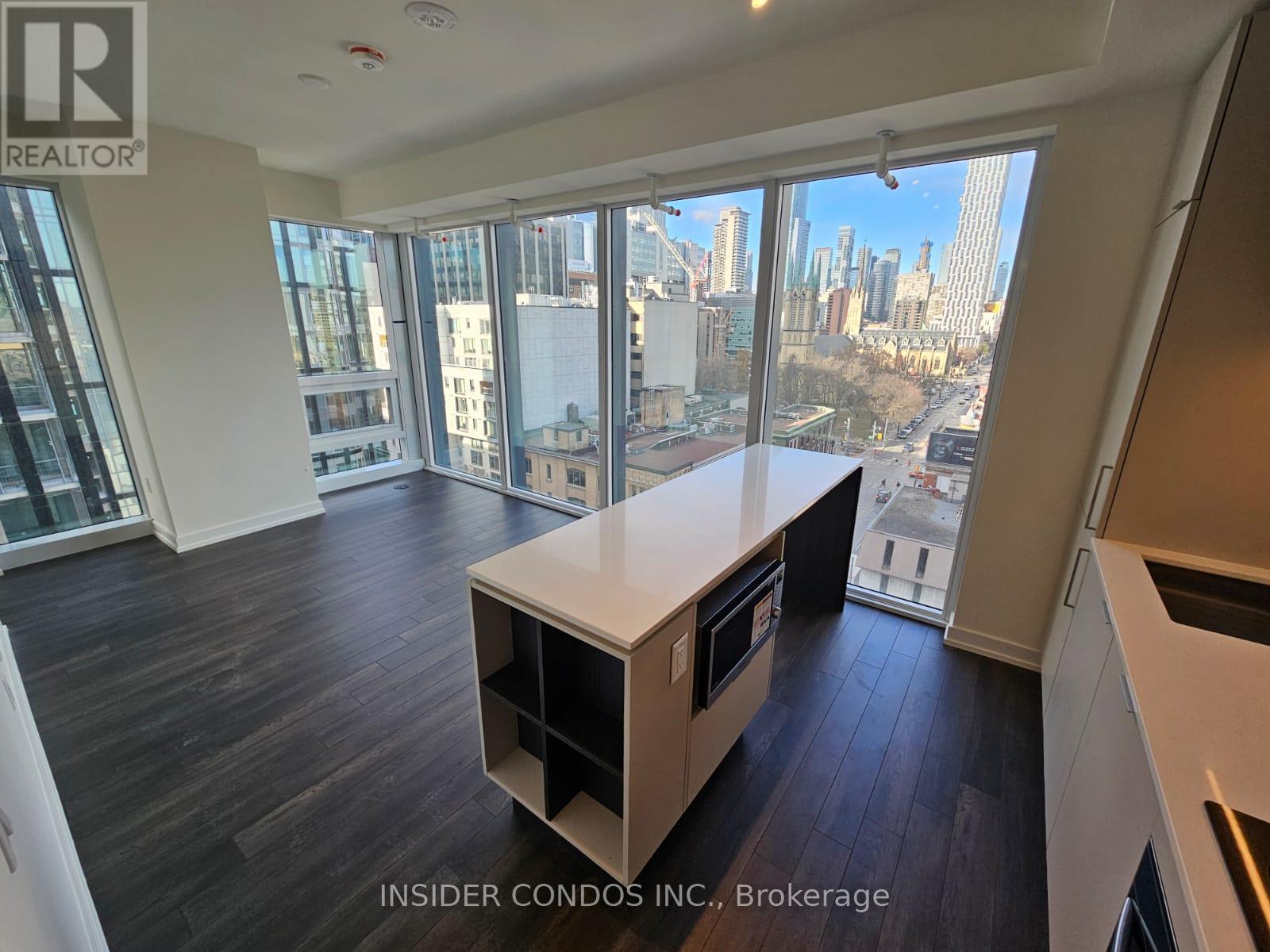 A kitchen with a view of the city.