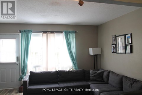 A living room with a couch and a fan.