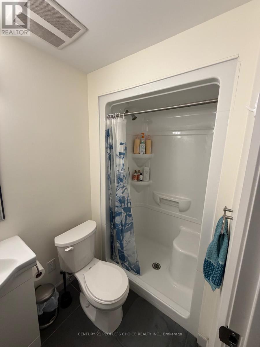A white toilet sits next to a walk-in shower in a small bathroom.