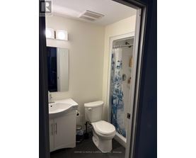 A bathroom with a toilet, sink, and shower.