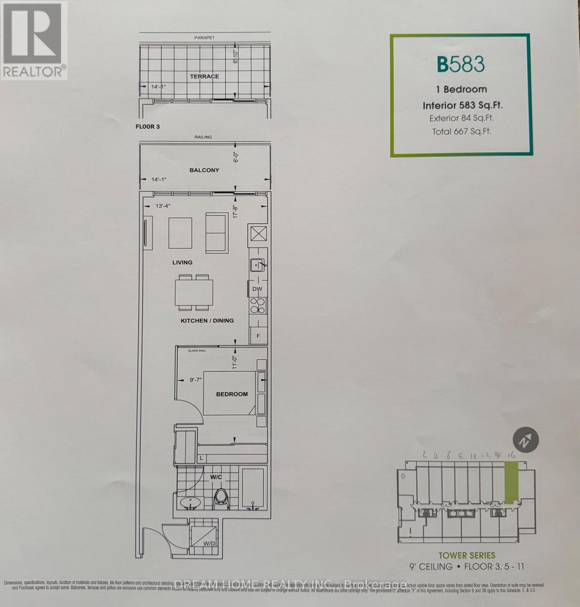 A floor plan for a 1 Bedroom interior of 583 square feet.