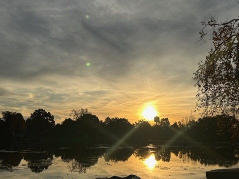 A beautiful sunset over a lake with trees in the background.