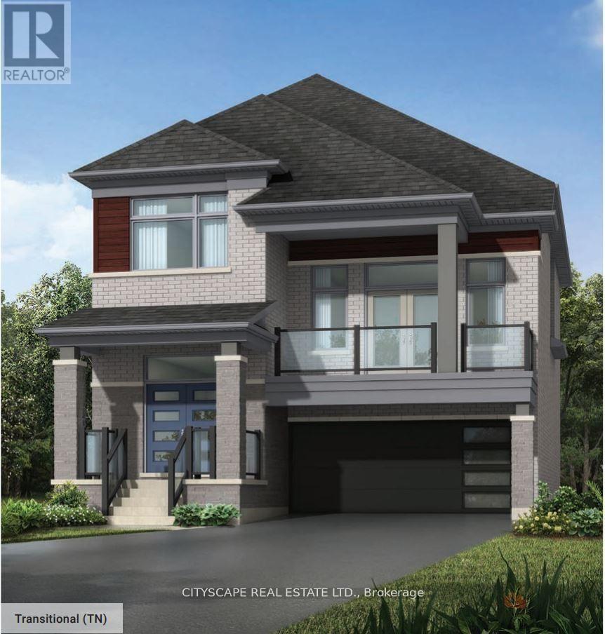 A rendering of a two-story house with a garage and a front porch.