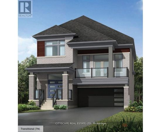 A rendering of a two-story house with a garage and a front porch.