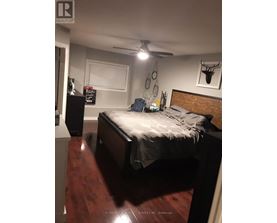 A bedroom with a bed, a ceiling fan, and a deer head on the wall.