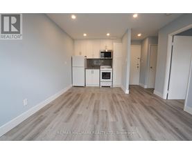 A spacious room with a kitchenette and wooden flooring.