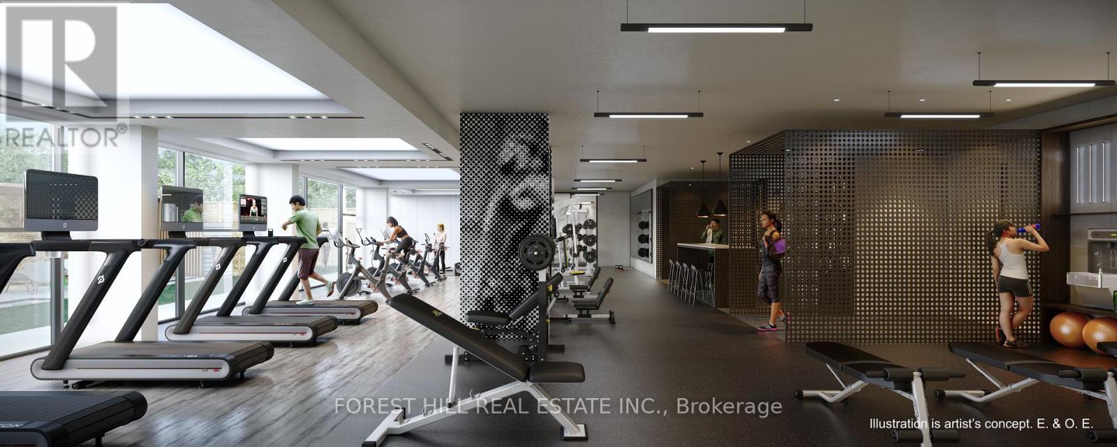 A gym with treadmills, exercise bikes and weights.