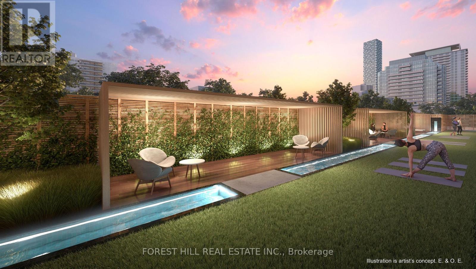 An artist's concept of a modern outdoor living space with a pool and lounging area.