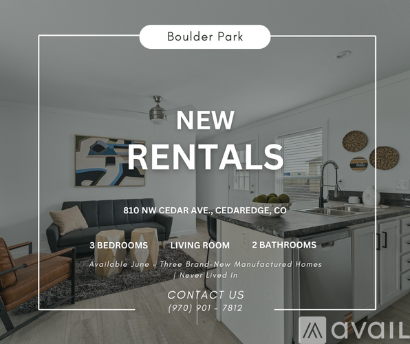 A modern kitchen and living room are showcased in a new rental property advertisement.