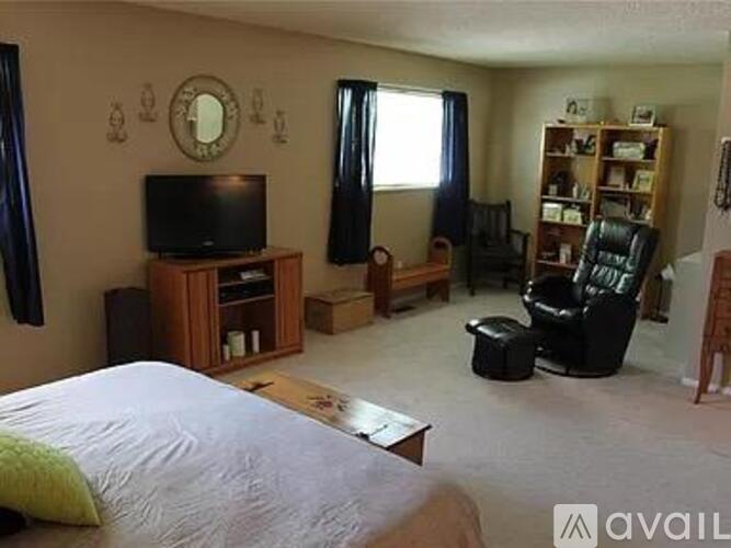 A bedroom with a bed, a television, a chair, and a bookshelf.