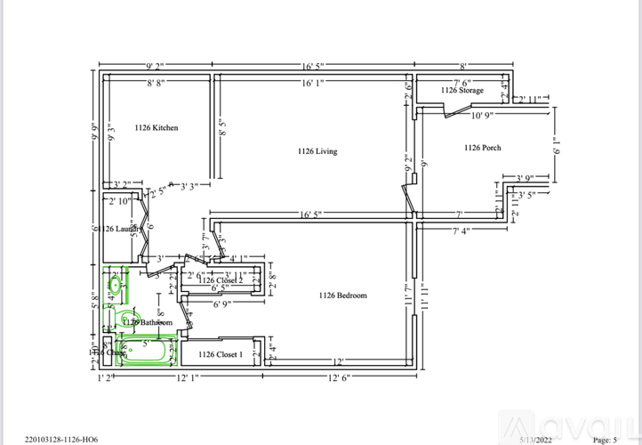 A floor plan of a 1126 house with a kitchen, living room, porch, and bedrooms.