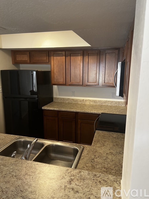 A kitchen with a black refrigerator and brown cabinets.