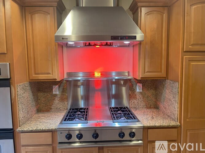 A modern kitchen with a stove top oven and a range hood.