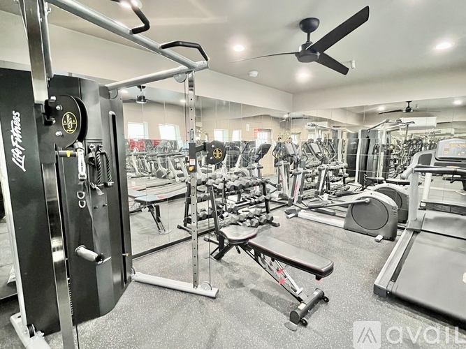 A gym with a variety of equipment including a squat rack, bench, and treadmill.