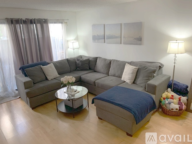 A living room with a grey sofa, a coffee table, and a blue ottoman.