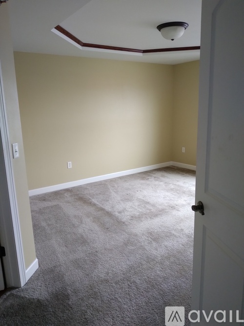 A room with a carpeted floor and a closed door.