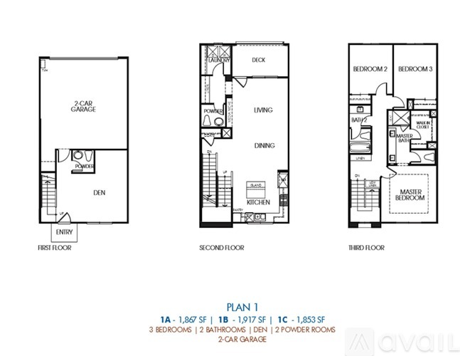 A floor plan for a three-bedroom home with a garage is displayed.