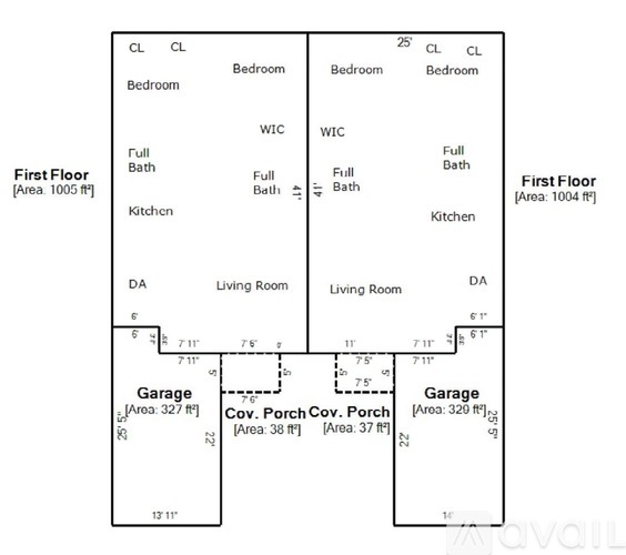 A floor plan of a house with two garages and a living room.