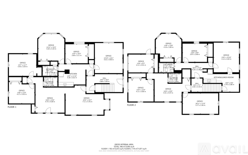 A floor plan of a building with multiple rooms and labeled spaces.