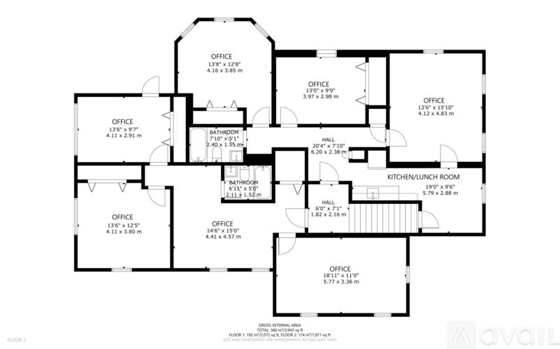 A floor plan of an apartment complex with various office spaces and a kitchen/lunch room.